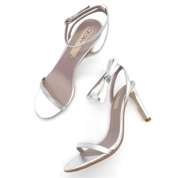 Deltan Miranda Leather Ankle Bow Strappy Dress Sandals Metallic Silver Size 9.5 - Picture 3 of 15